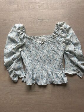 Pink Martini Blue and Cream Smocked Floral Puff-Sleeve Top